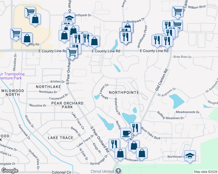 map of restaurants, bars, coffee shops, grocery stores, and more near 11 Moss Forest Circle in Jackson