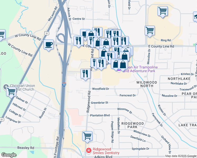 map of restaurants, bars, coffee shops, grocery stores, and more near 1601 Jamestown Way in Jackson