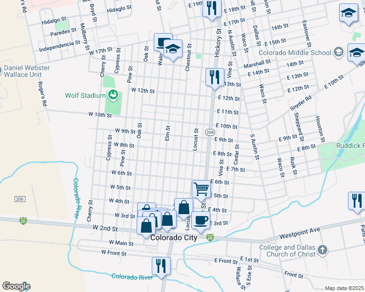 map of restaurants, bars, coffee shops, grocery stores, and more near 229 East 9th Street in Colorado City