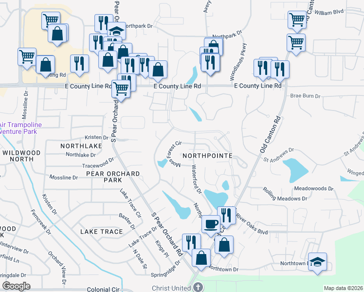 map of restaurants, bars, coffee shops, grocery stores, and more near 23 Moss Forest Circle in Jackson