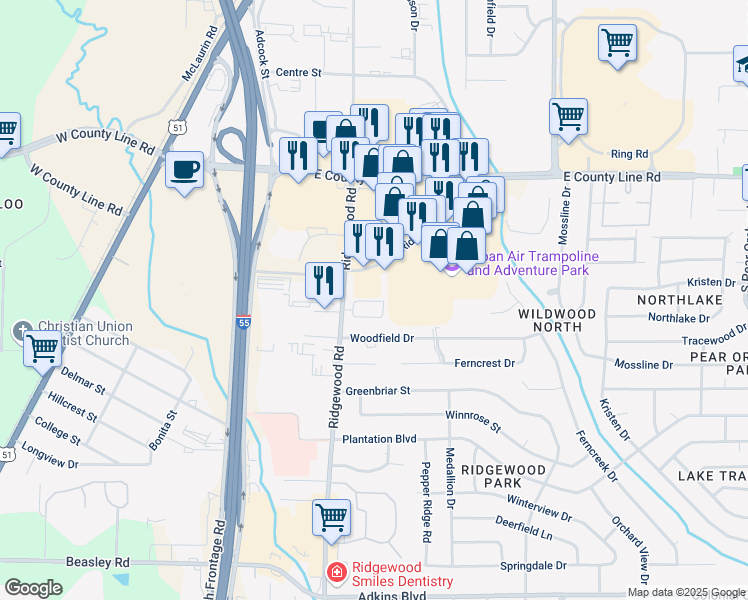 map of restaurants, bars, coffee shops, grocery stores, and more near 1601 Jamestown Way in Jackson