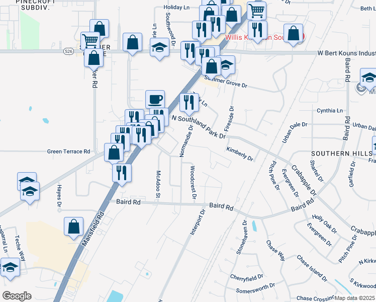 map of restaurants, bars, coffee shops, grocery stores, and more near 9330 Normandie Drive in Shreveport