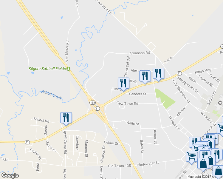 map of restaurants, bars, coffee shops, grocery stores, and more near 1414 Bois D Arc in Kilgore