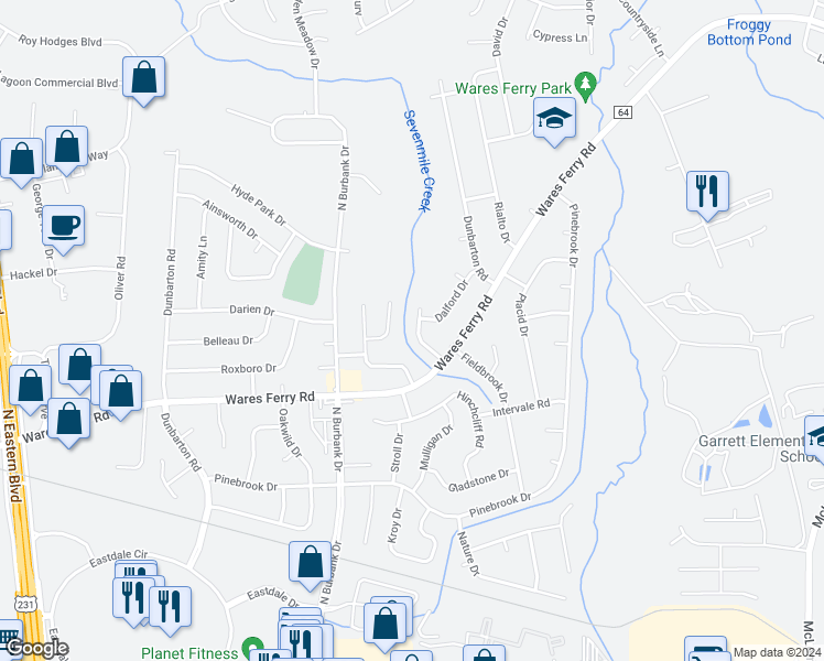 map of restaurants, bars, coffee shops, grocery stores, and more near 625 Durward Drive in Montgomery