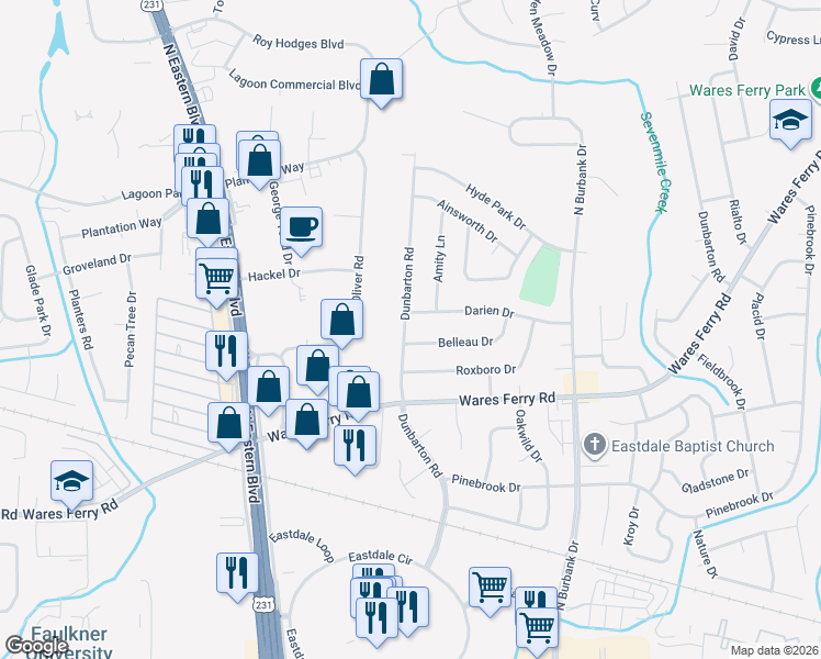 map of restaurants, bars, coffee shops, grocery stores, and more near 722 Dunbarton Road in Montgomery