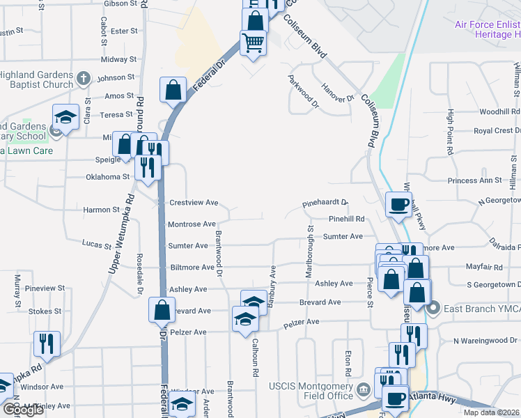 map of restaurants, bars, coffee shops, grocery stores, and more near 2845 Montrose Avenue in Montgomery