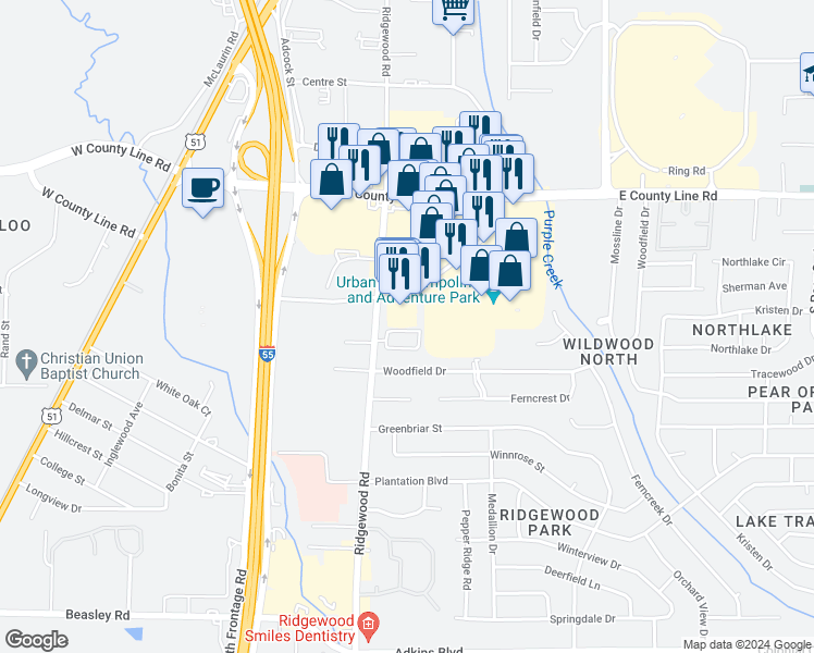 map of restaurants, bars, coffee shops, grocery stores, and more near 1601 Jamestown Way in Jackson