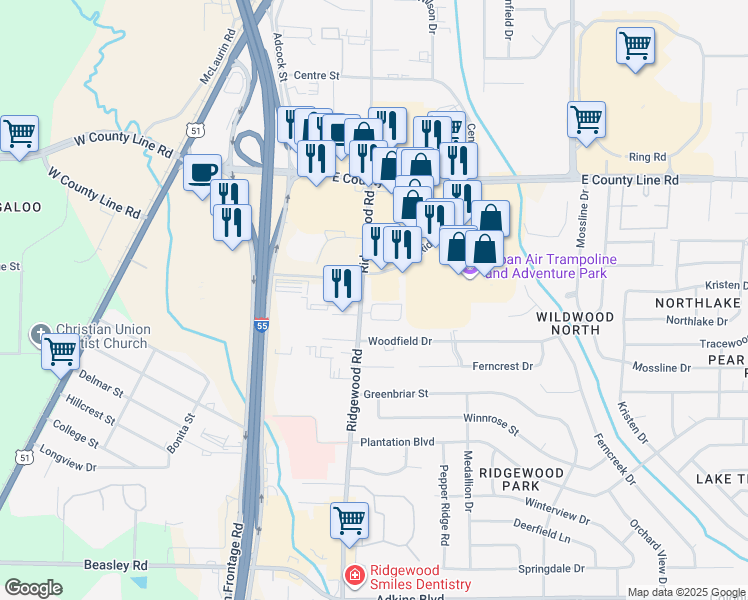map of restaurants, bars, coffee shops, grocery stores, and more near 6158-6232 Ridgewood Road in Jackson