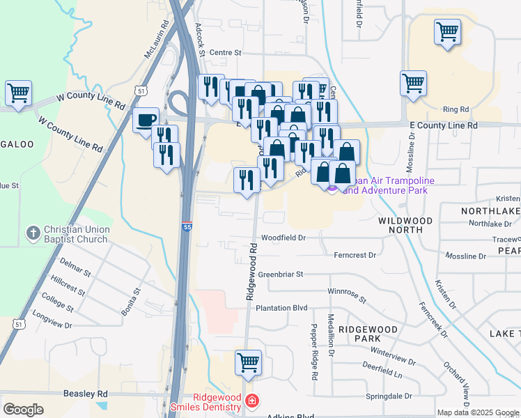 map of restaurants, bars, coffee shops, grocery stores, and more near 6158-6232 Ridgewood Road in Jackson