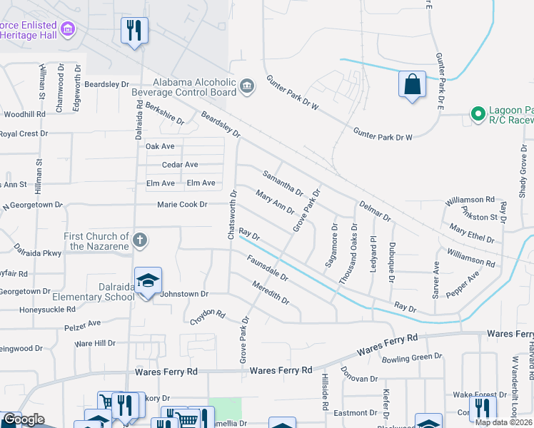 map of restaurants, bars, coffee shops, grocery stores, and more near 3925 Marie Cook Drive in Montgomery