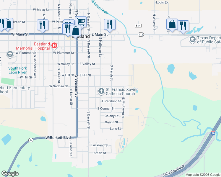map of restaurants, bars, coffee shops, grocery stores, and more near 503 East Sadosa Street in Eastland