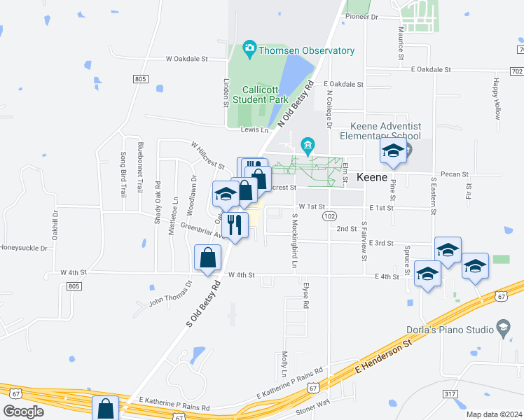 map of restaurants, bars, coffee shops, grocery stores, and more near 202 West Val Verde Circle in Keene