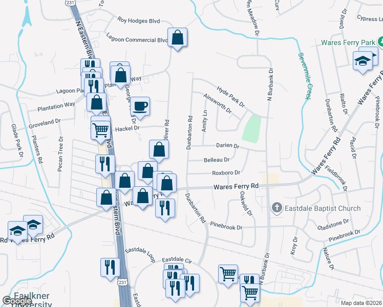 map of restaurants, bars, coffee shops, grocery stores, and more near 722 Dunbarton Road in Montgomery