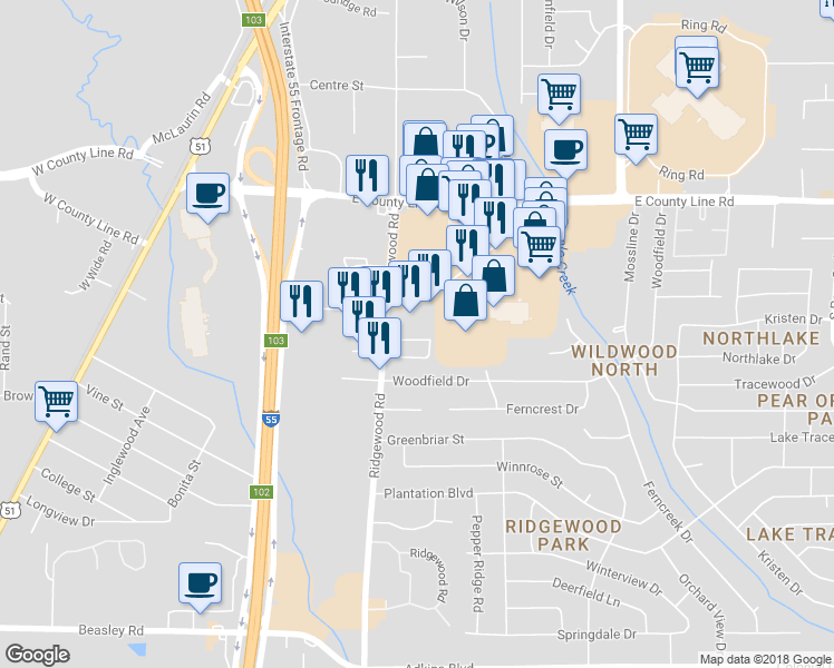 map of restaurants, bars, coffee shops, grocery stores, and more near 1601 Jamestown Way in Jackson