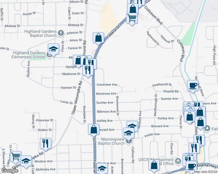 map of restaurants, bars, coffee shops, grocery stores, and more near 2748 Crestview Street in Montgomery