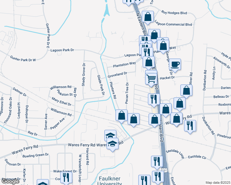 map of restaurants, bars, coffee shops, grocery stores, and more near 468 Planters Road in Montgomery
