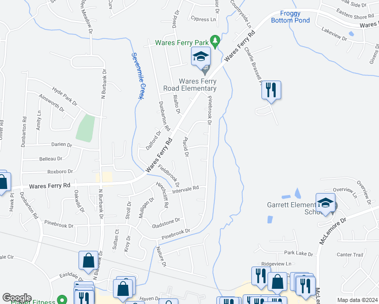 map of restaurants, bars, coffee shops, grocery stores, and more near 554 Placid Drive in Montgomery