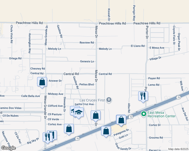 map of restaurants, bars, coffee shops, grocery stores, and more near 5472 Central Road in Las Cruces