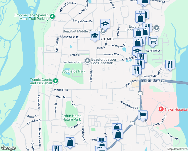 map of restaurants, bars, coffee shops, grocery stores, and more near 2619 Holmes Drive in Beaufort