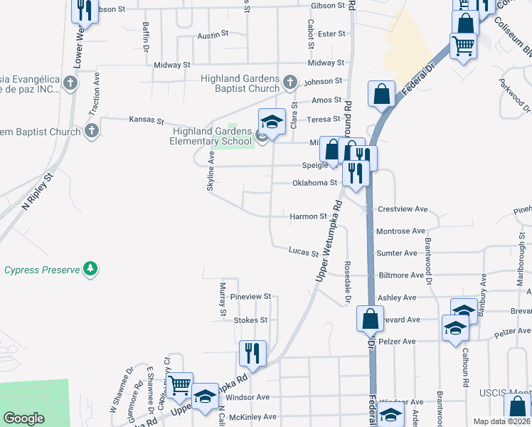 map of restaurants, bars, coffee shops, grocery stores, and more near 2501 Willena Avenue in Montgomery