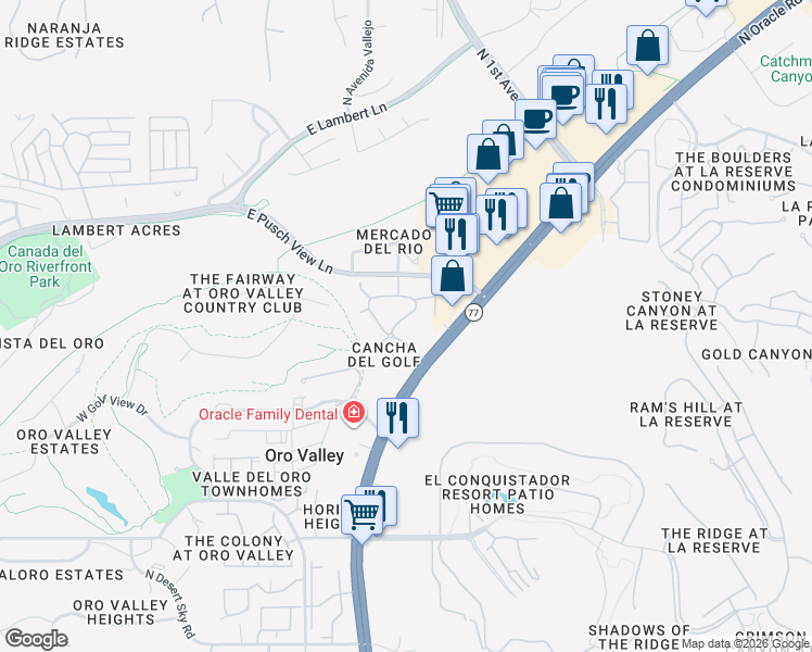 map of restaurants, bars, coffee shops, grocery stores, and more near 10333 North Oracle Road in Tucson