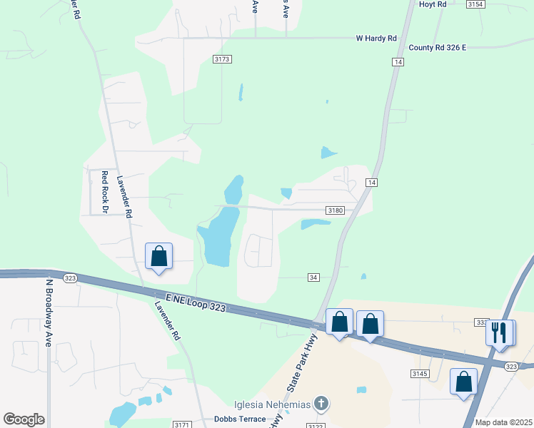 map of restaurants, bars, coffee shops, grocery stores, and more near 1255 County Road 3180 in Tyler