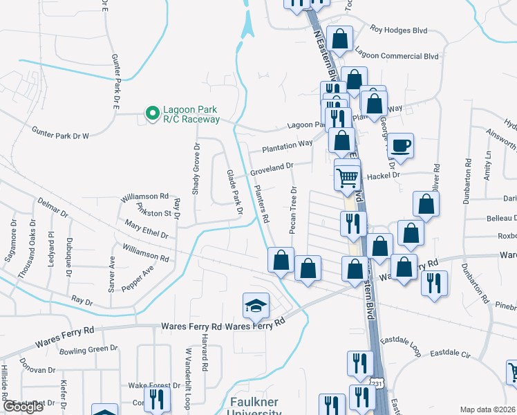 map of restaurants, bars, coffee shops, grocery stores, and more near 477-481 Planters Road in Montgomery