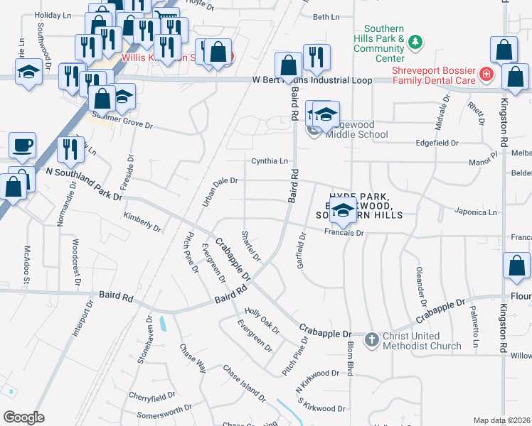 map of restaurants, bars, coffee shops, grocery stores, and more near 2112 Francais Drive in Shreveport