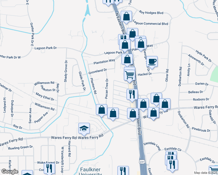 map of restaurants, bars, coffee shops, grocery stores, and more near 448 Pecan Tree Drive in Montgomery
