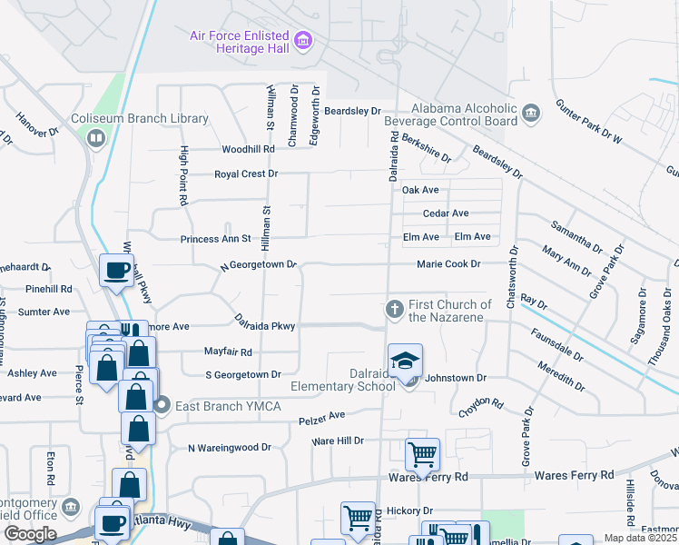 map of restaurants, bars, coffee shops, grocery stores, and more near 3734 Marie Cook Drive in Montgomery