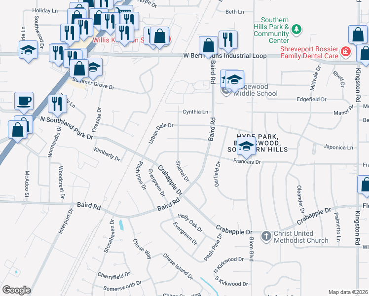 map of restaurants, bars, coffee shops, grocery stores, and more near 2112 Francais Drive in Shreveport