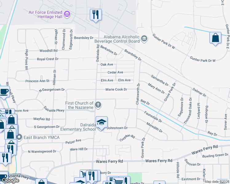 map of restaurants, bars, coffee shops, grocery stores, and more near 3848 Marie Cook Drive in Montgomery