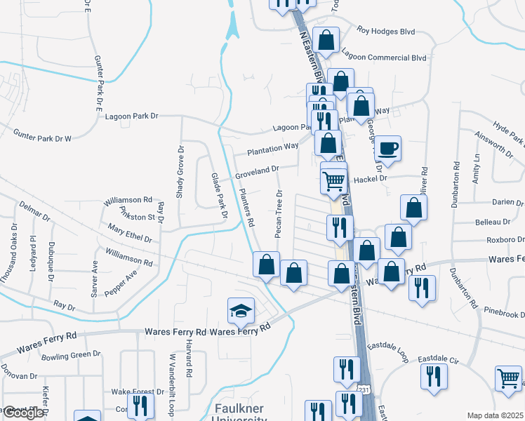 map of restaurants, bars, coffee shops, grocery stores, and more near 449 Pecan Tree Court in Montgomery