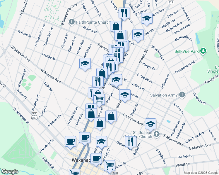 map of restaurants, bars, coffee shops, grocery stores, and more near 301 Dunn Street in Waxahachie