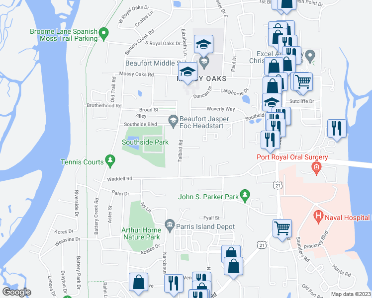 map of restaurants, bars, coffee shops, grocery stores, and more near 2619 Holmes Drive in Beaufort