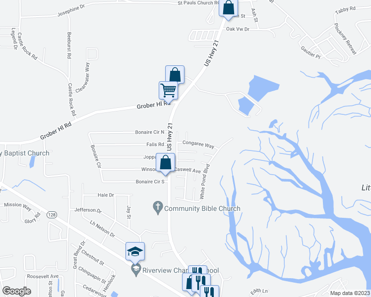 map of restaurants, bars, coffee shops, grocery stores, and more near 7 Bradford Court in Beaufort