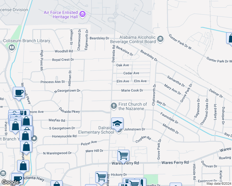 map of restaurants, bars, coffee shops, grocery stores, and more near 3818 Marie Cook Drive in Montgomery