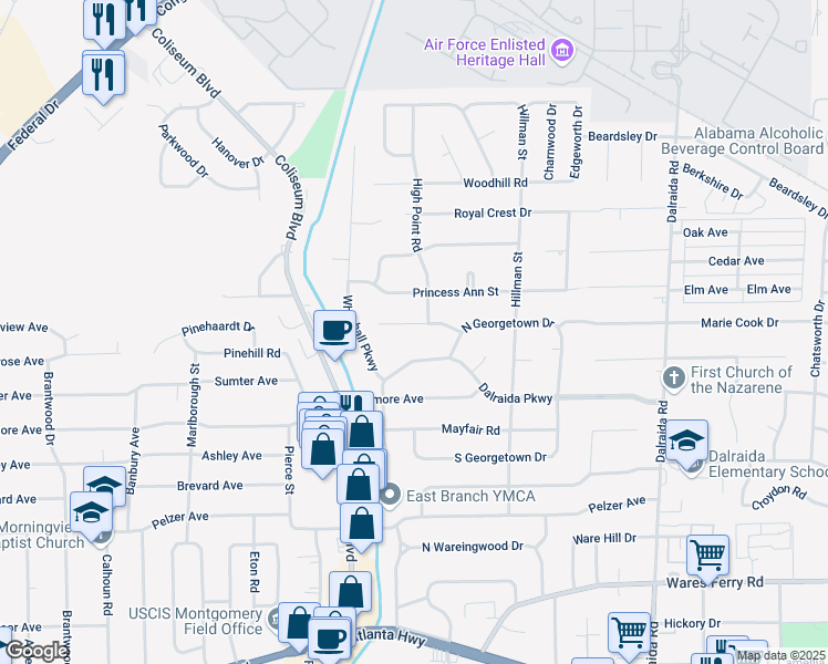 map of restaurants, bars, coffee shops, grocery stores, and more near 3450 Whitehall Street in Montgomery