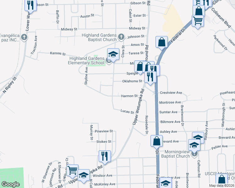 map of restaurants, bars, coffee shops, grocery stores, and more near 2001 Harmon Street in Montgomery