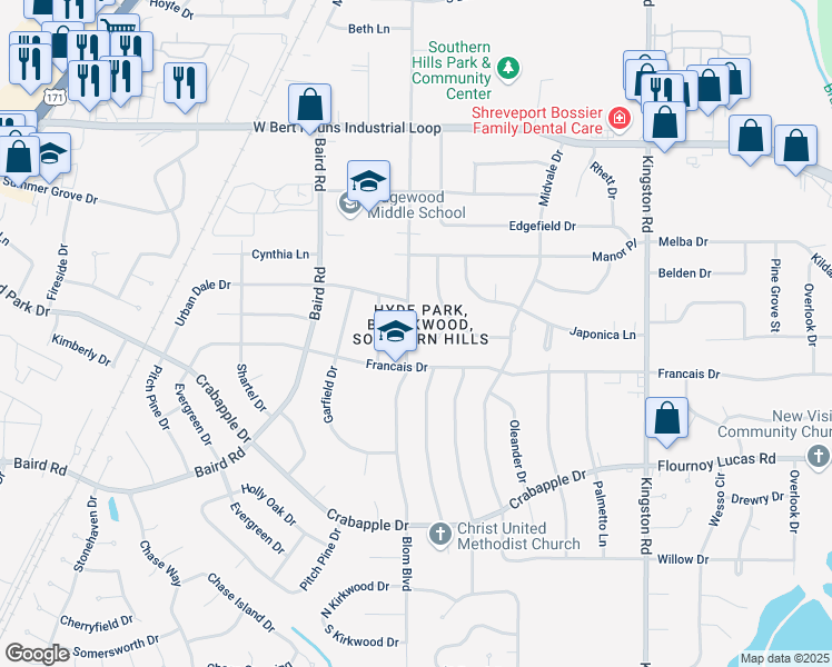map of restaurants, bars, coffee shops, grocery stores, and more near 9383 Blom Boulevard in Shreveport