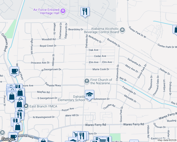 map of restaurants, bars, coffee shops, grocery stores, and more near 3818 Marie Cook Drive in Montgomery