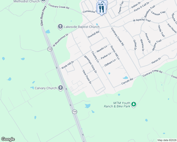 map of restaurants, bars, coffee shops, grocery stores, and more near 302 Robins Way in Granbury