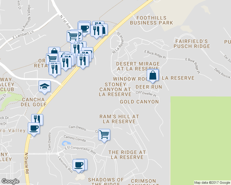map of restaurants, bars, coffee shops, grocery stores, and more near 1315 E Stoney Canyon Cir in Tucson