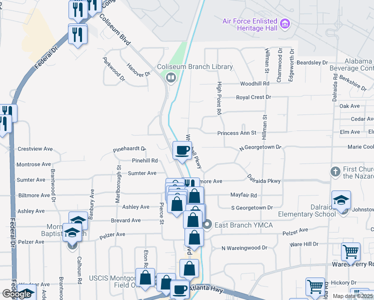 map of restaurants, bars, coffee shops, grocery stores, and more near 757 Whitehall Pkwy in Montgomery
