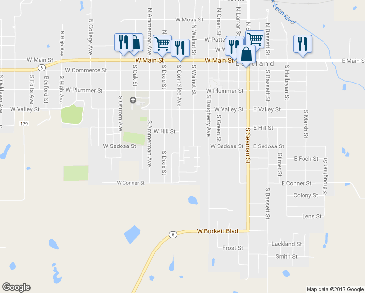 map of restaurants, bars, coffee shops, grocery stores, and more near 634 West Sadosa Street in Eastland