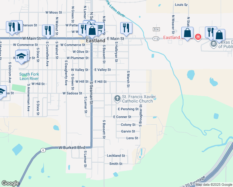 map of restaurants, bars, coffee shops, grocery stores, and more near 400 East Sadosa Street in Eastland