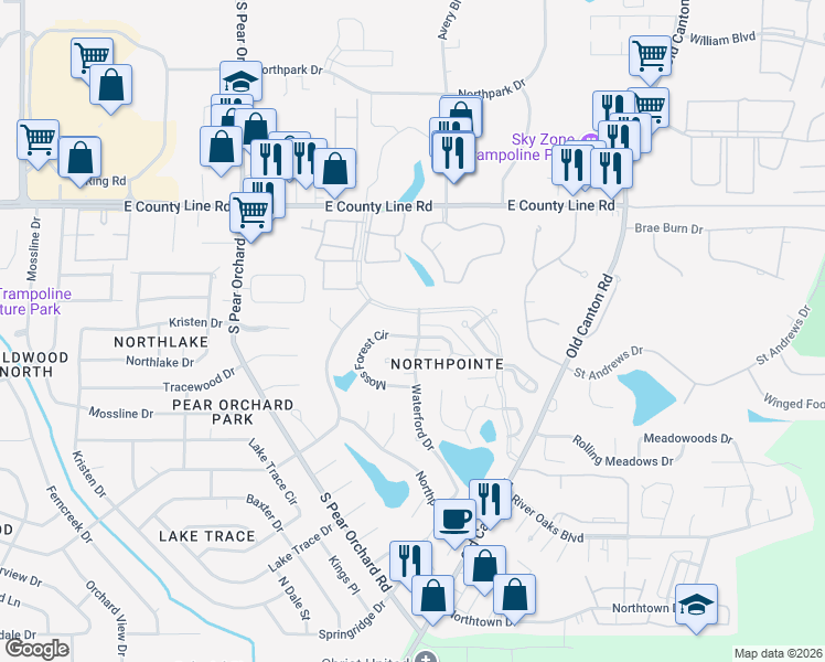 map of restaurants, bars, coffee shops, grocery stores, and more near 11 Moss Forest Circle in Jackson