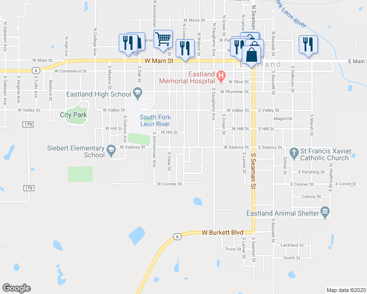 map of restaurants, bars, coffee shops, grocery stores, and more near 700 West Sadosa Street in Eastland
