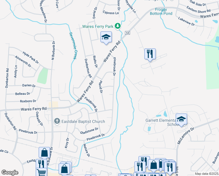 map of restaurants, bars, coffee shops, grocery stores, and more near 6324 Xenia Street in Montgomery