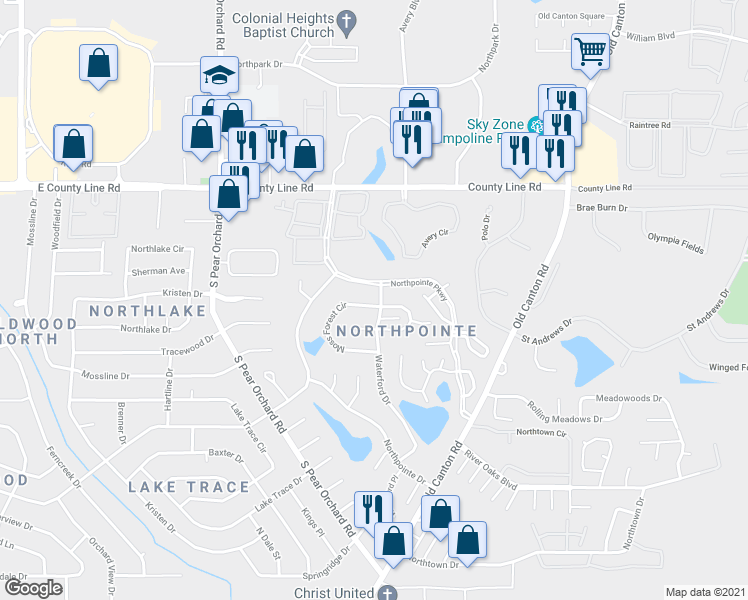 map of restaurants, bars, coffee shops, grocery stores, and more near 11 Moss Forest Circle in Jackson
